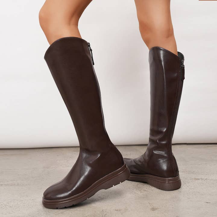 Brown Women Boots Boots Women Faux Leather Flat Boots Autumn Winter Knee Length Boots for wholesale on Faire
