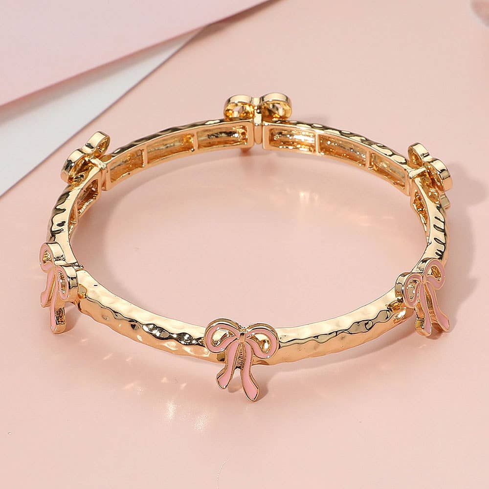 Sensibling Corp. - Wholesale Bangle Bracelet - Enamel Bow Accent Hammered Metal Bar Beaded Stretch Bracelet4