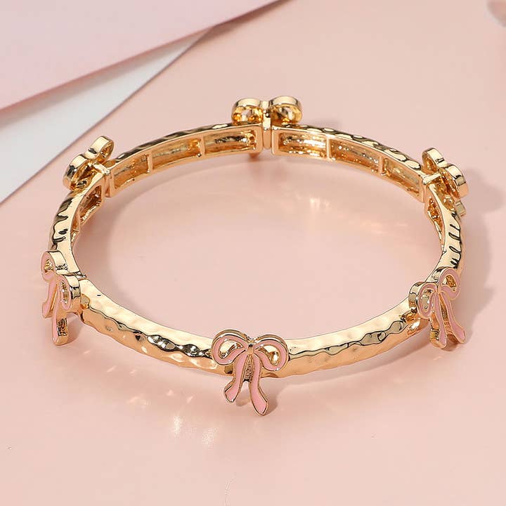 Sensibling Corp. - Wholesale Bangle Bracelet - Enamel Bow Accent Hammered Metal Bar Beaded Stretch Bracelet4