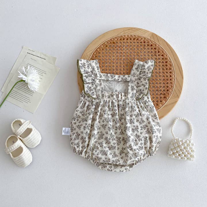 Beige Summer Hot Selling Baby Girls Sleeveless Square Neck Floral Print Onesie for wholesale on Faire