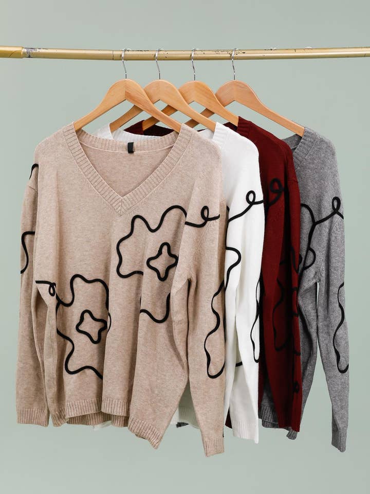 DIX-ONZE - Wholesale Knit Sweater - Women's - Floral Outline Pattern Sweater Col V – Graphic Minimalism4