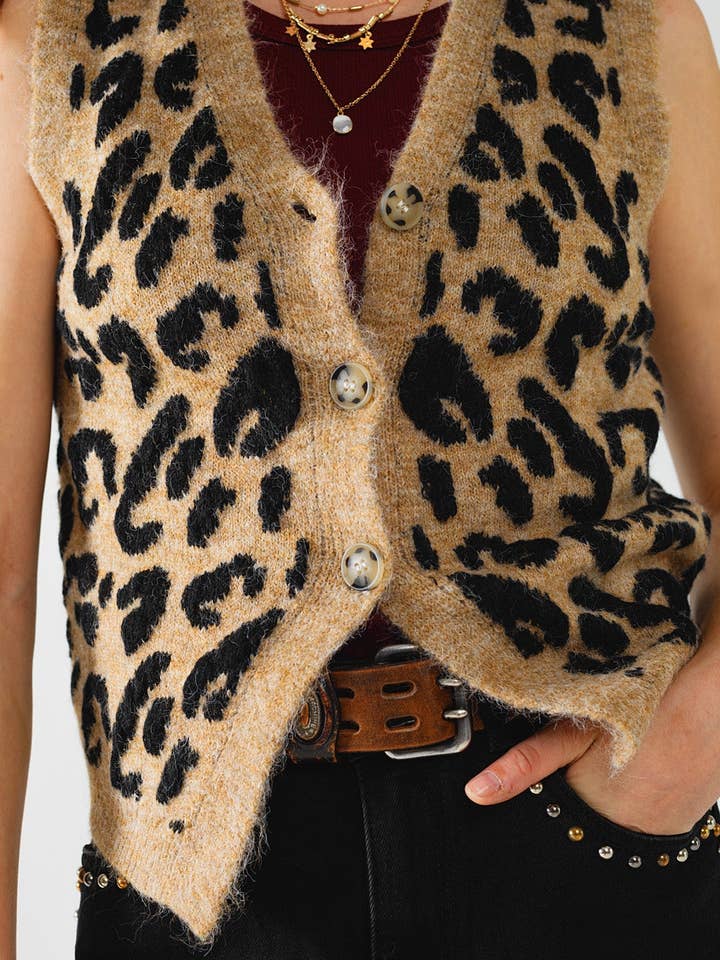 Marrone gilet in maglia con stampa leopardata in vendita all'ingrosso su Faire4