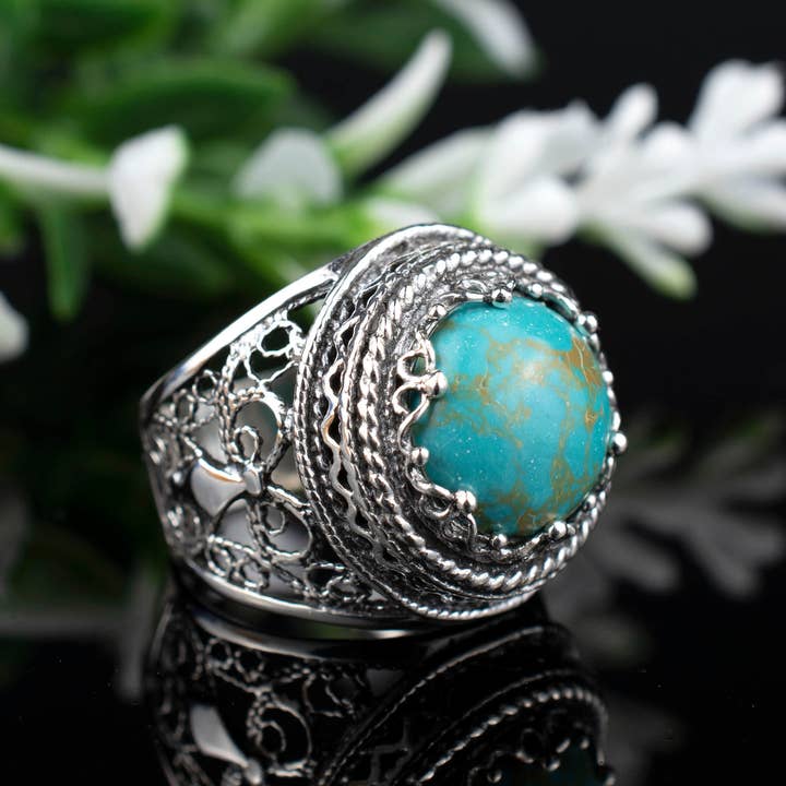 Filigranist Jewelry – Engroshandel Statementring – Kunst Kobber Turkis Ædelsten Kvinde Sølvring2
