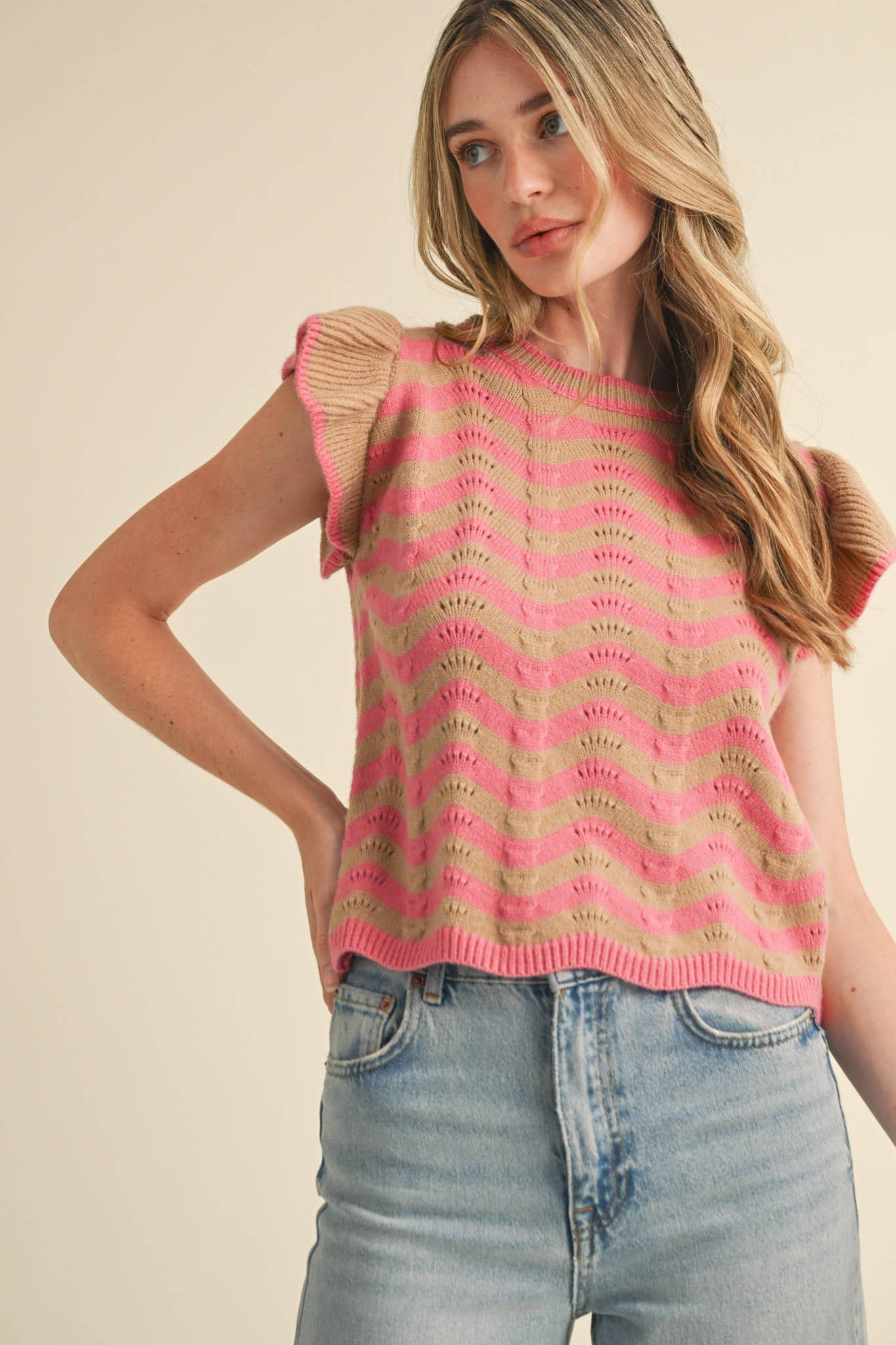 &MERCI - Wholesale Knit Sweater - Women's - WAVY STRIPES FLUTTER SLEEVE SWEATER TOP MSW1050957