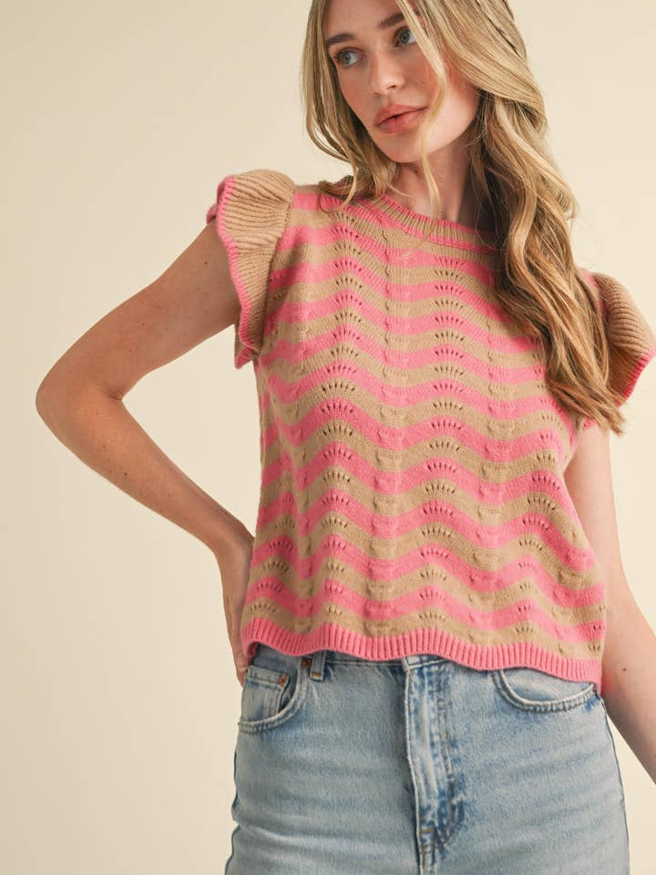 &MERCI - Wholesale Knit Sweater - Women's - WAVY STRIPES FLUTTER SLEEVE SWEATER TOP MSW1050957