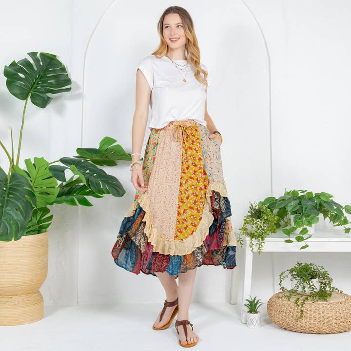 Young Threads - Wholesale Skirt - Women's - Bohemian Mid-Length Skirt with Rayon Print