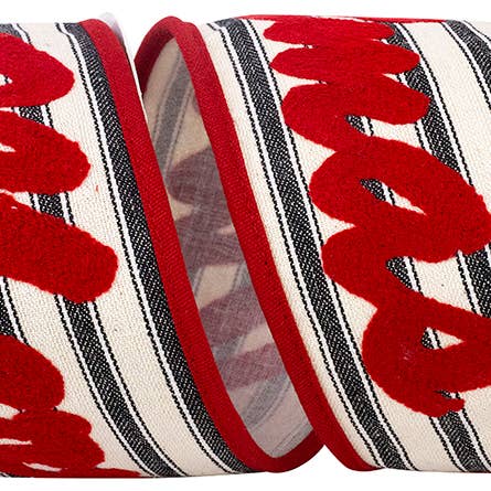 Merry Christmas Embroidered Ticking Stripe Wired Edge for wholesale by RELIANT RIBBON