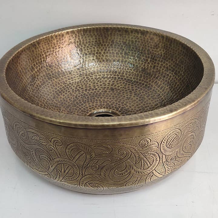 Moroccan Hammered & engraved Brass Round Sink 14 inch round for wholesale by MARRAKECH METACRAFT LTD
