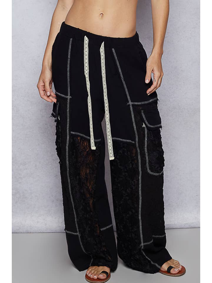 Pol Clothing - Wholesale Pants - Women's - Solid lace patch side pocket wide pants