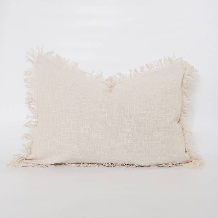 Cozy Prairie Linens Co. - Wholesale Throw Pillow Cover - Signature Woven Ivory Slub Fringed Pillow Cover
