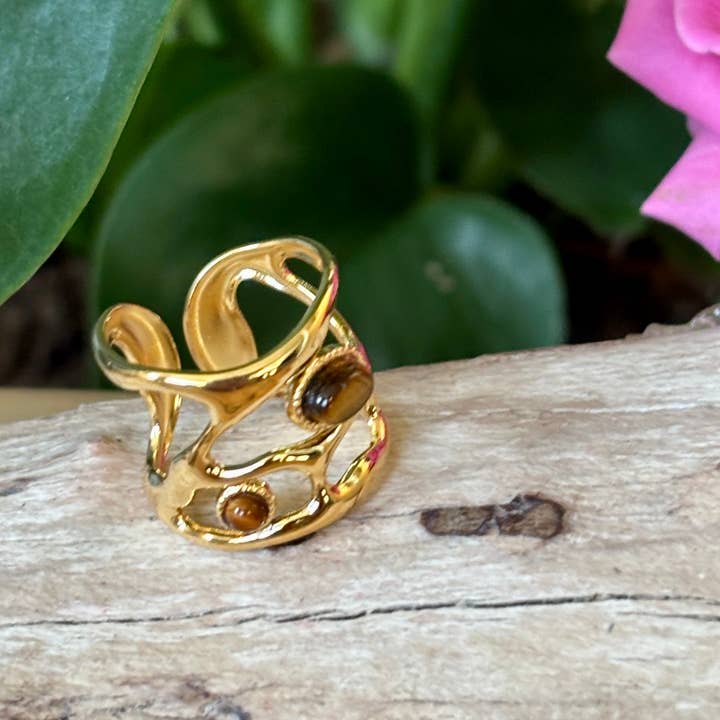 Ocean Ripples - Wholesale Cocktail/Statement Ring - 18ct Gold Plated Adjustable Tiger's Eye Cage Ring 6