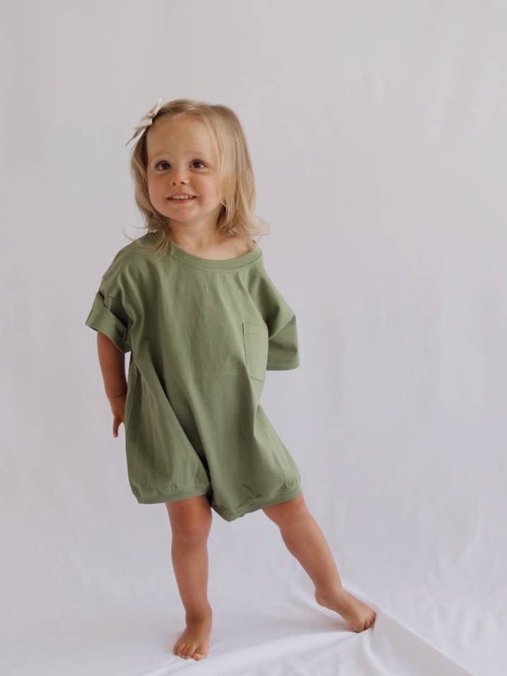 Cory Pocket Romper in Loden Green for wholesale by Winnie + Crew