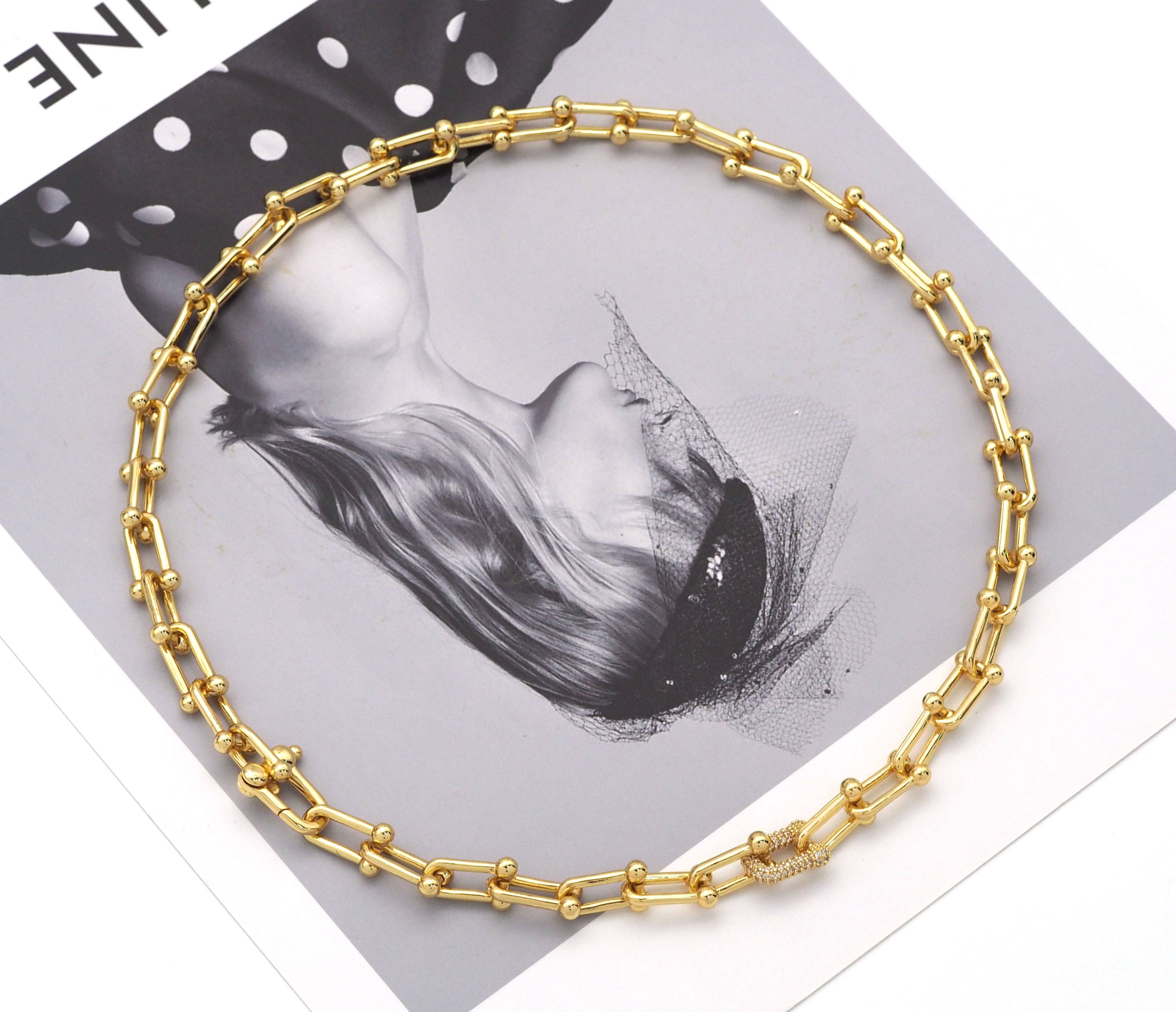 BestBeads&Beyond - Wholesale Link & Chain Necklace - U Shape Chain Necklace with CZ Link focal, Sku#EF1830