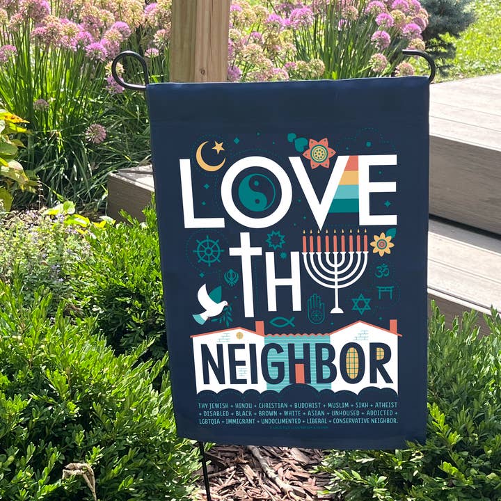 Drapeau de jardin Love Thy Voisin pour la vente par Lucie Rice Illustration and Design