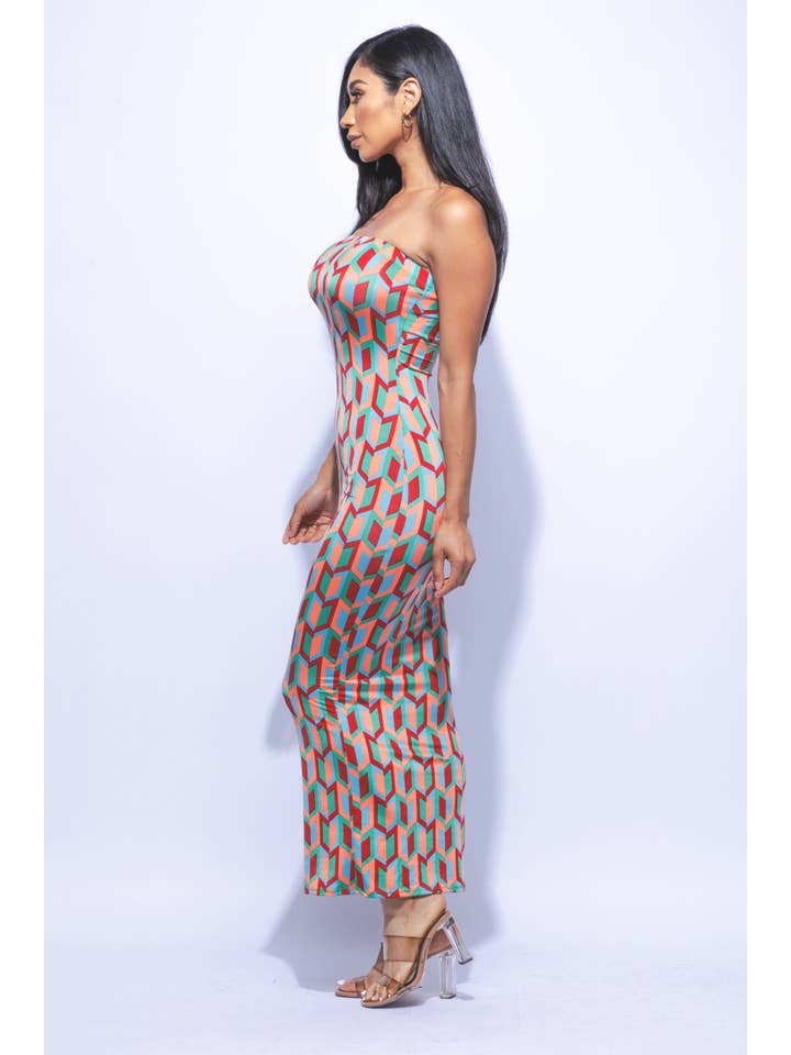 K Too - Wholesale Dress - Women's - Multi colored geo print tube maxi dress16