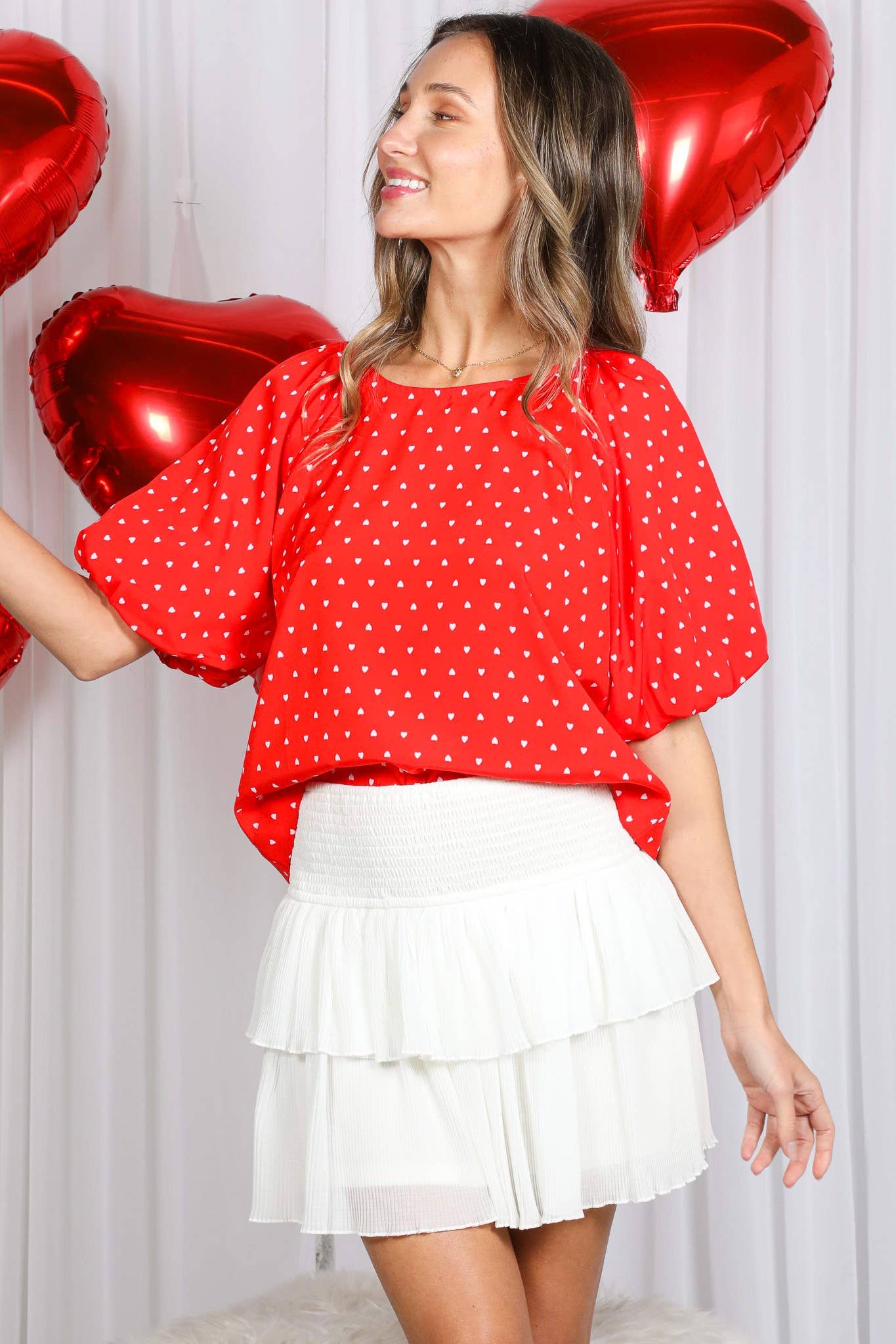 Rood Boothals Pofmouw Hartjesprint Blouse Top VT82337H voor groothandel op Faire7