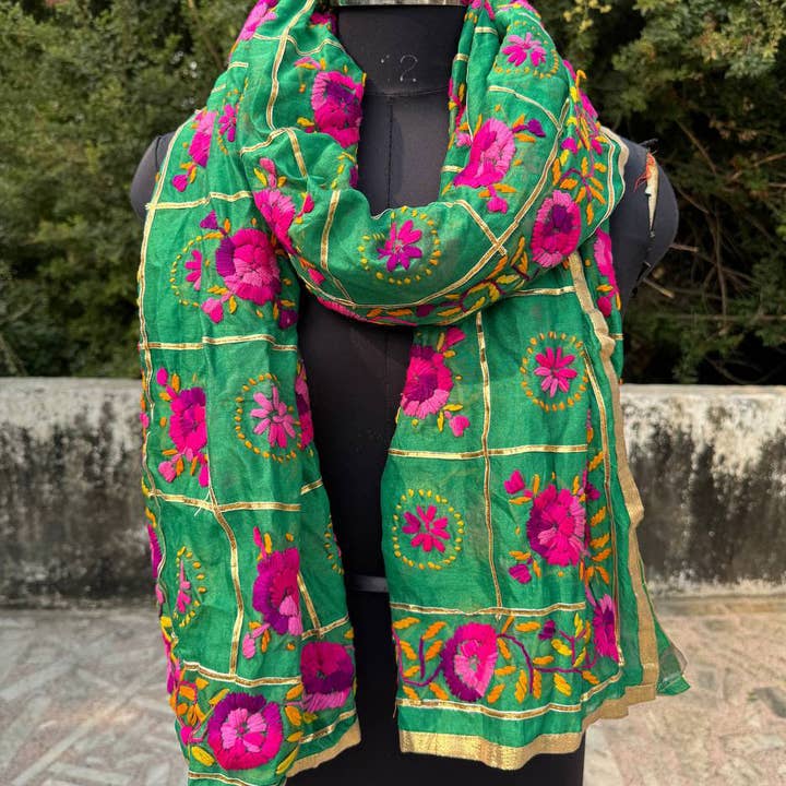 bhavnas boutique - Wholesale Wrap - Women's - Green Chanderi Cotton Hand Embroidery Phulkari Dupatta Scarf