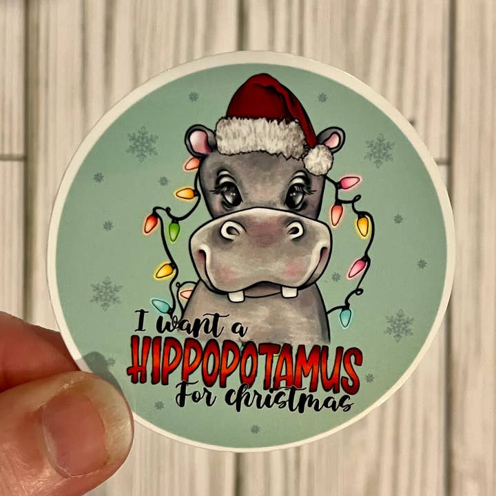 Hippopotamus for Christmas, Vinyl Sticker for wholesale by Graceful Darkness, LLC