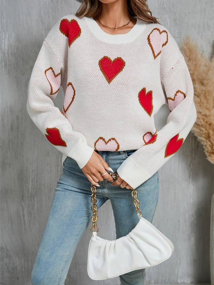NINEXIS - Wholesale Knit Sweater - Women's - CWOSWL5782_CONTRAST VALENTINE'S DAY HEART PEACH SWEATER