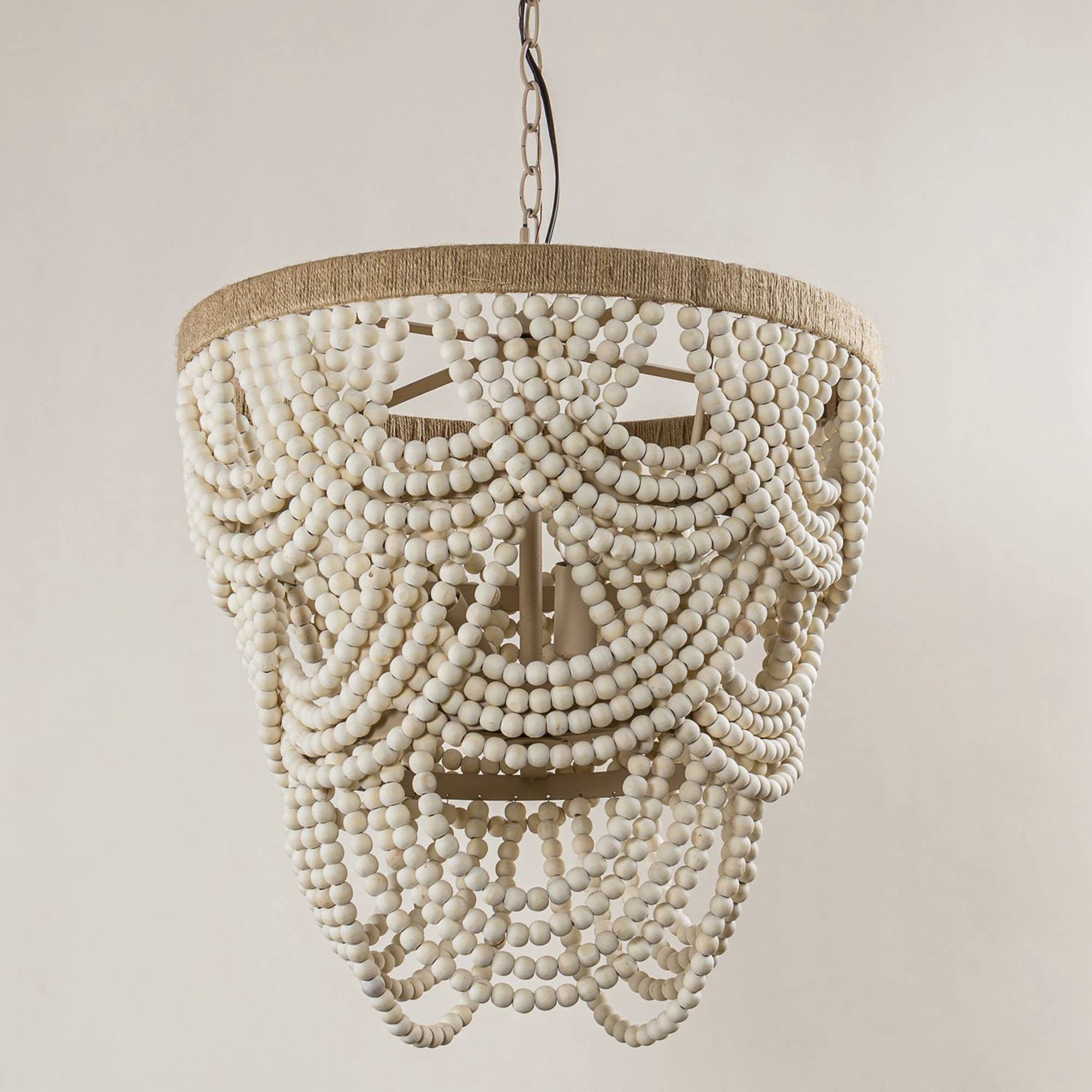 Off White Lusteria 20" Wood Bead 4-Light Tiered Coastal Chandelier for wholesale on Faire16