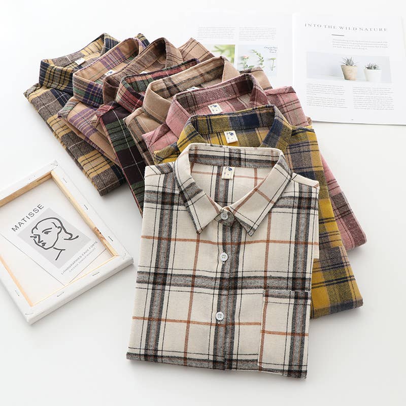 Rosa Clothing - Wholesale Button Down Shirt - Women's - Essential Basic Relaxed plaid cotton blend button-down shirt33