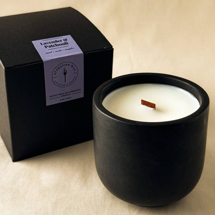 Lavender & Patchouli Scented Wood Wick Candle - Cement Jar, 9 oz for wholesale by Operation Wax