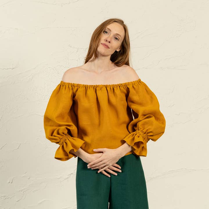 menique - Wholesale Blouse - Women's - Off Shoulder Linen Top with Ruffles Jessica Summer Boho Top