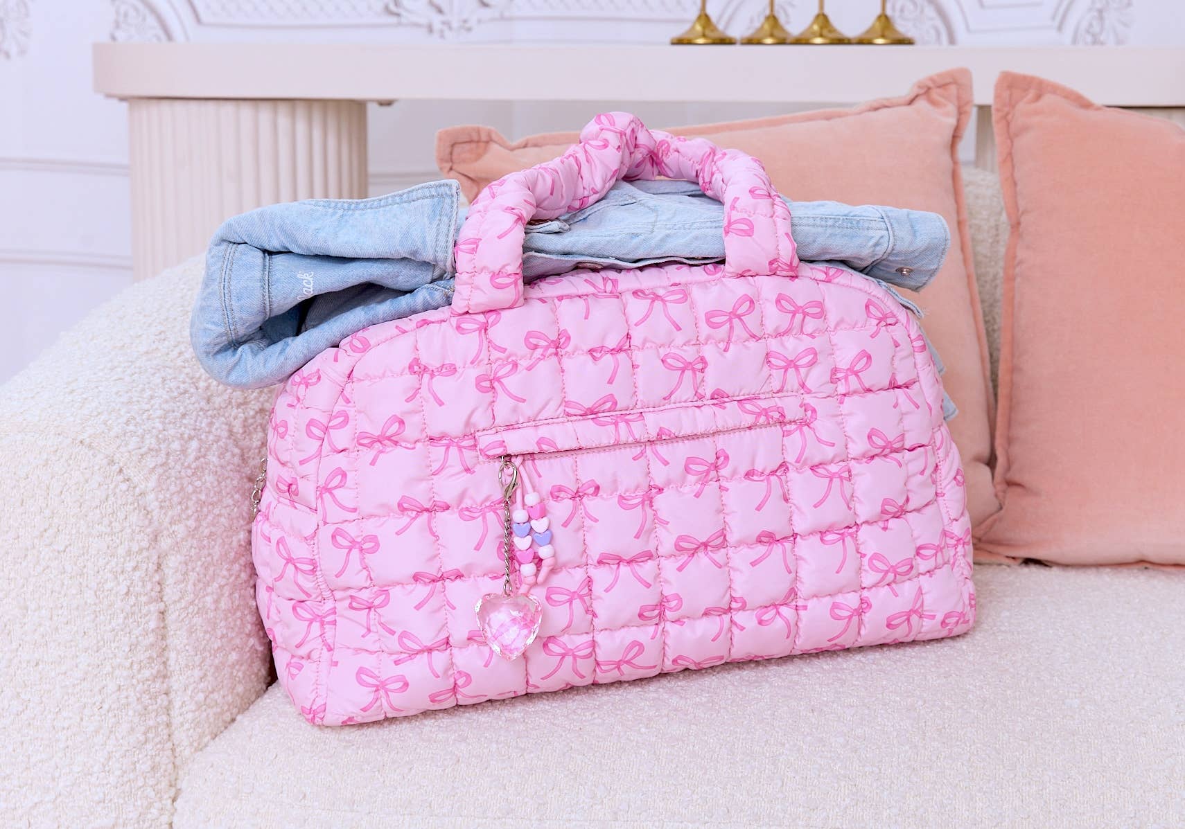 Wholesale Quilted Scrunchies Bow Printed Medium Duffle Bag for