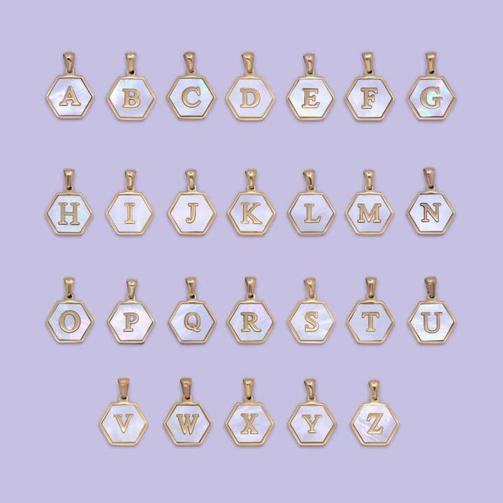 Gold Initial Letter Necklace Pendant Hexagon Alphabet Charm Mother of pearl Letter Minimalist Jewelry Shell Hexagon Pendant for Necklace Bracelet A-875-A-887 for wholesale by Aim Eternal