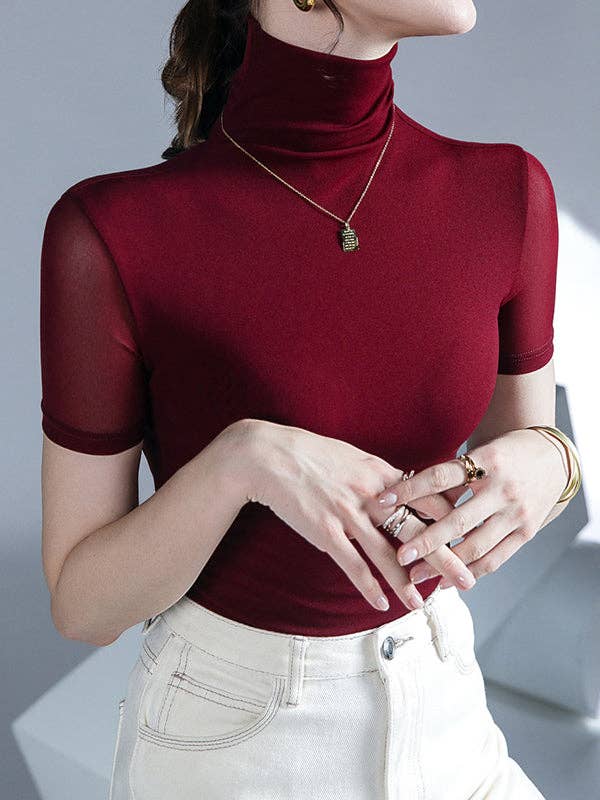 Mirazshoes WholeSale – Großhandel Strickoberteil – Damen – Halbärmelige, enge, einfarbige T-Shirts mit hohem Kragen9