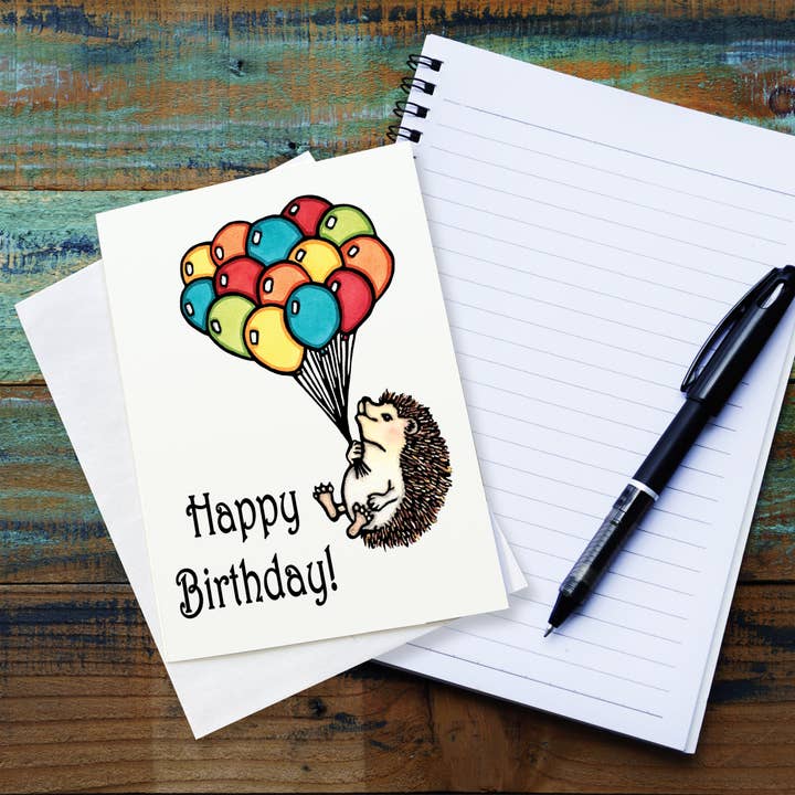 Greeting Card Happy Birthday Hedgehog with Balloons for wholesale by Sarah Angst Art