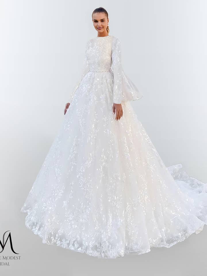 Cherisha - Robe de mariée élégante et modeste en ligne A pour la vente par Unique Modest Bridal