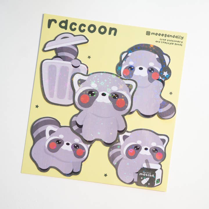 Raccoon Just Being Raccoon Holo Vinyl Sticker Set for wholesale by Notmehmehstudio