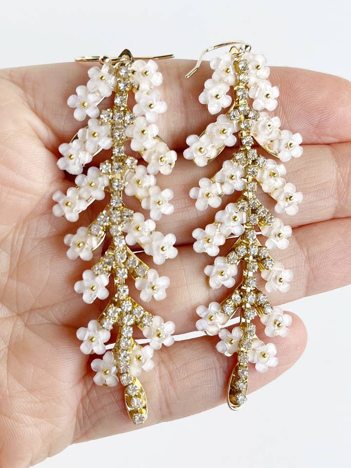 Flower Leaf Dangle Earrings in White, Gold Statement Earring for wholesale by lynnique