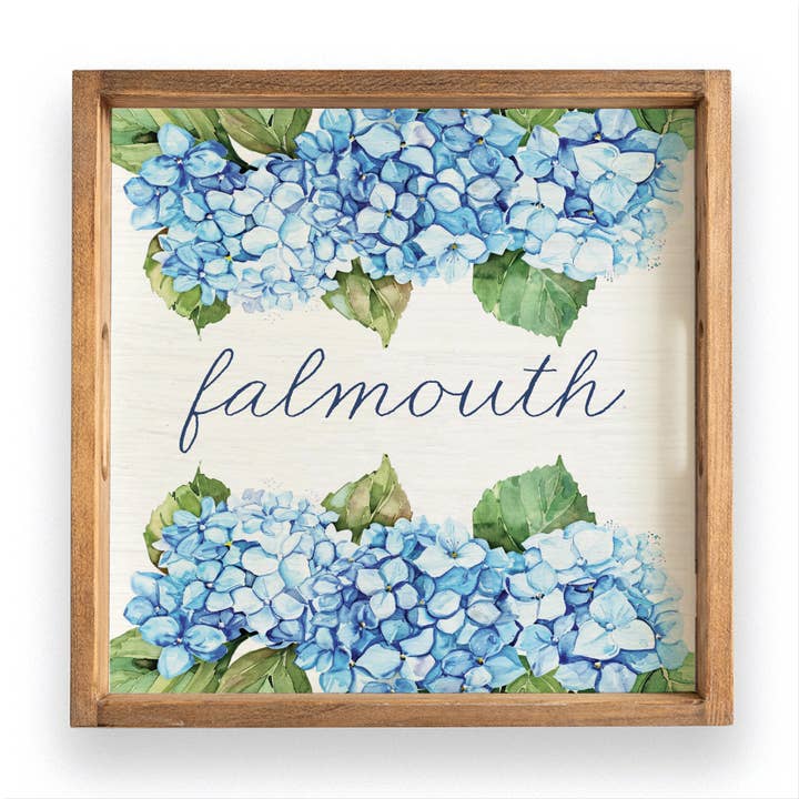 Vassoio da portata in legno personalizzato con fiore blu di ortensia per la vendita all'ingrosso da parte di Rustic Marlin