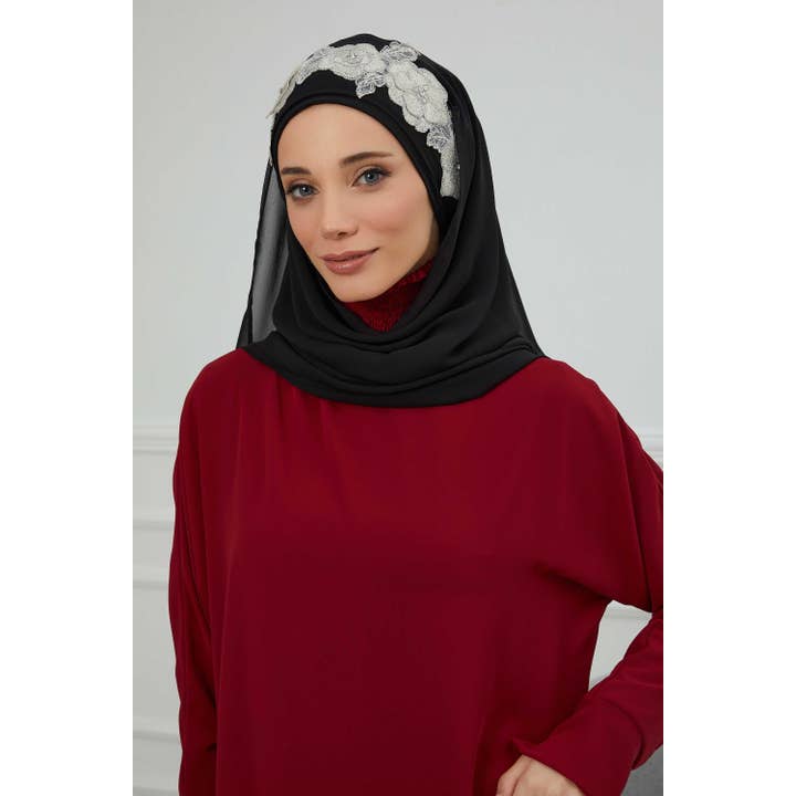 Aisha's Design - Wholesale Hijab – Women’s - Luxury Instant Chiffon Hijab with Floral Lace, Ready-to-Wear Chiffon Hijab with Embroidered Flowers,CPS-101