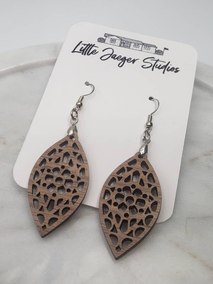 Handmade Laser Cut Walnut Scroll Earrings for wholesale by Little Jaeger Studios