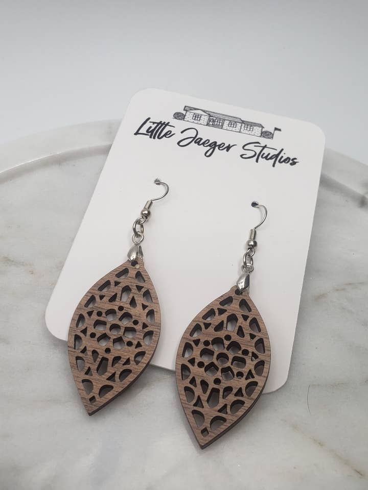 Handmade Laser Cut Walnut Scroll Earrings for wholesale by Little Jaeger Studios