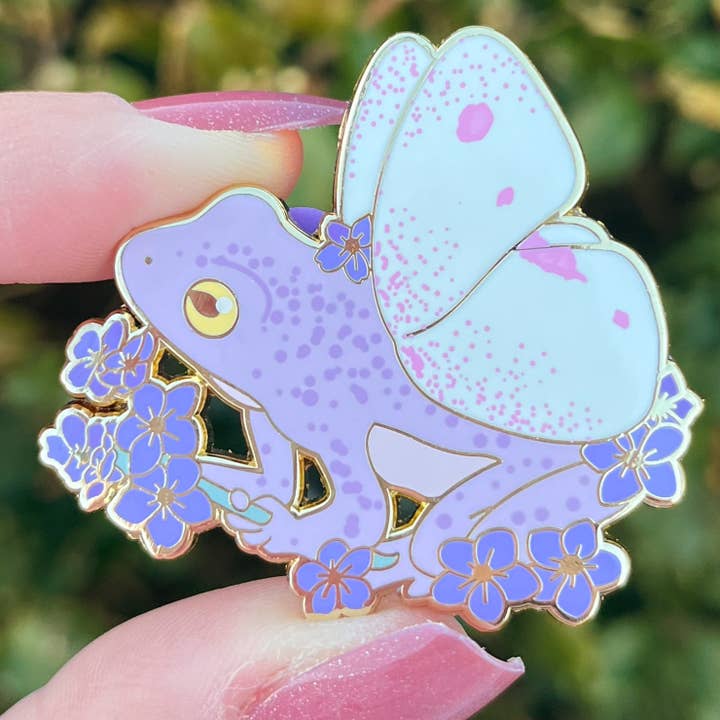 Purple Froggy fae Enamel Pin! Adorable flower fairy moth pin for wholesale by Heartel Design