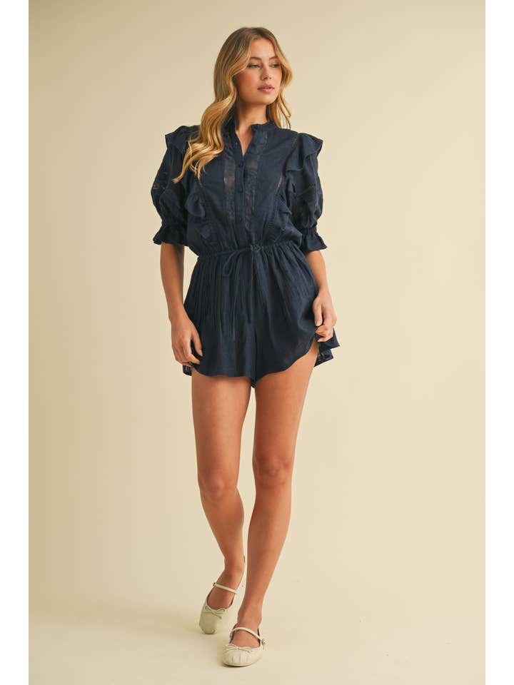 Klesis - Wholesale Romper - Women's - IR2223 LINEN PUFF SLEEVES FRILL AND BUTTON DOWN ROMPER
