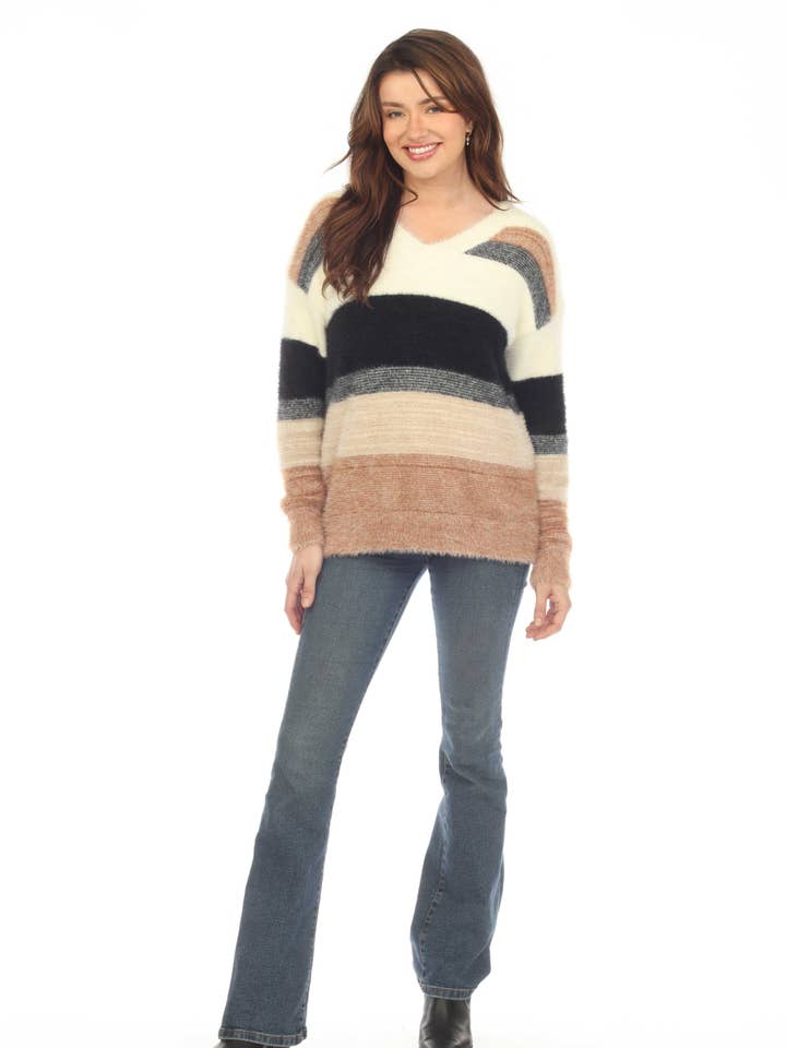 Women's Brown Multi Stripe Round Neck Sweater Top for wholesale by Kamana