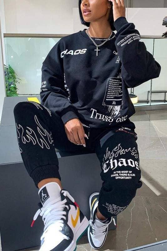 Queen Fashion - Wholesale Top & Skirt Set - Women's - Graphic Print Sweatshirt And Joggers Set1