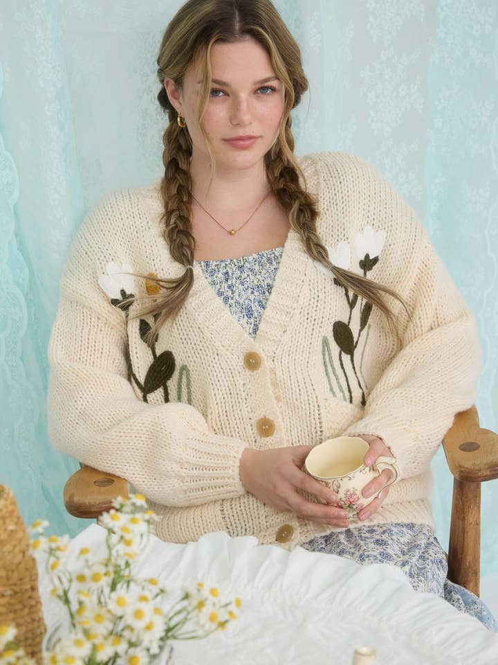 FLORAL EMBROIDERY V NECK BUTTON DOWN KNIT CARDIGAN for wholesale by Blu Pepper