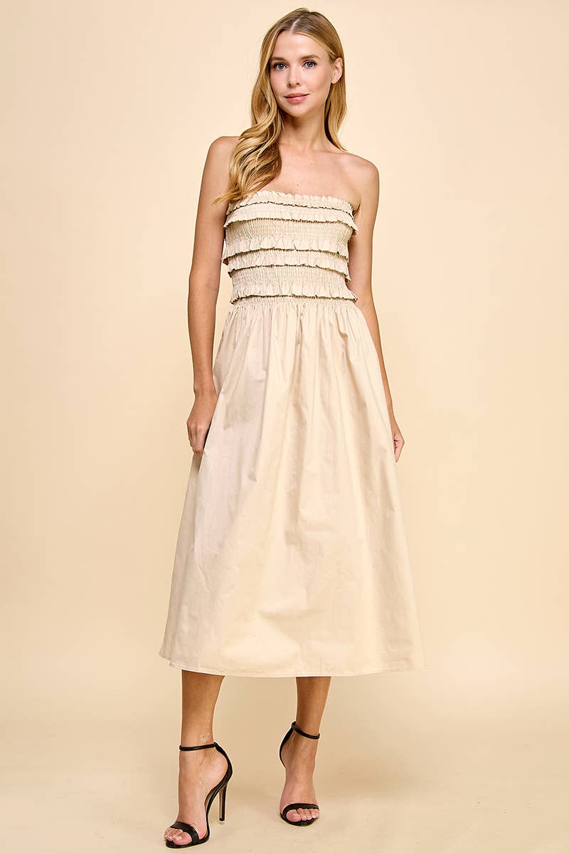 Beige CD04932-Smocked With Ruffles Strapless Dress for wholesale on Faire0