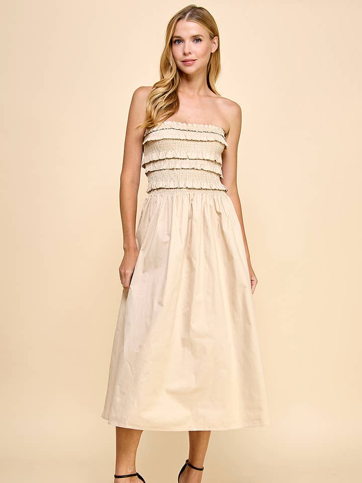 Beige CD04932-Smocked With Ruffles Strapless Dress for wholesale on Faire0