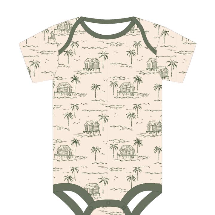 Beach Bungalow Bamboo Onesie for wholesale by Eazy Living Baby Co