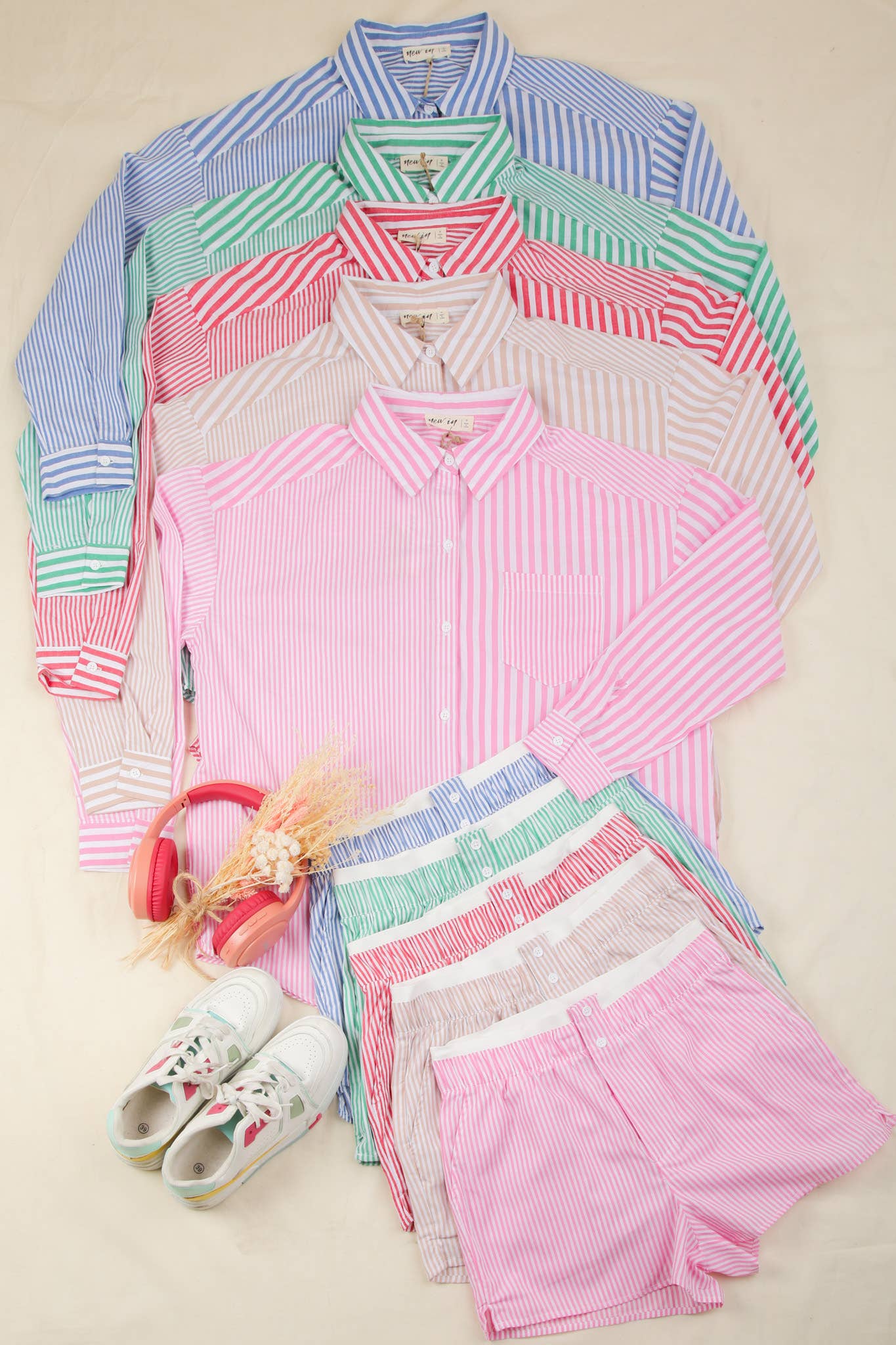 VERY J - Wholesale Lounge Set - Women's - NT12020SET-Striped Oversized Comfy Shirt Top & Shorts Set22