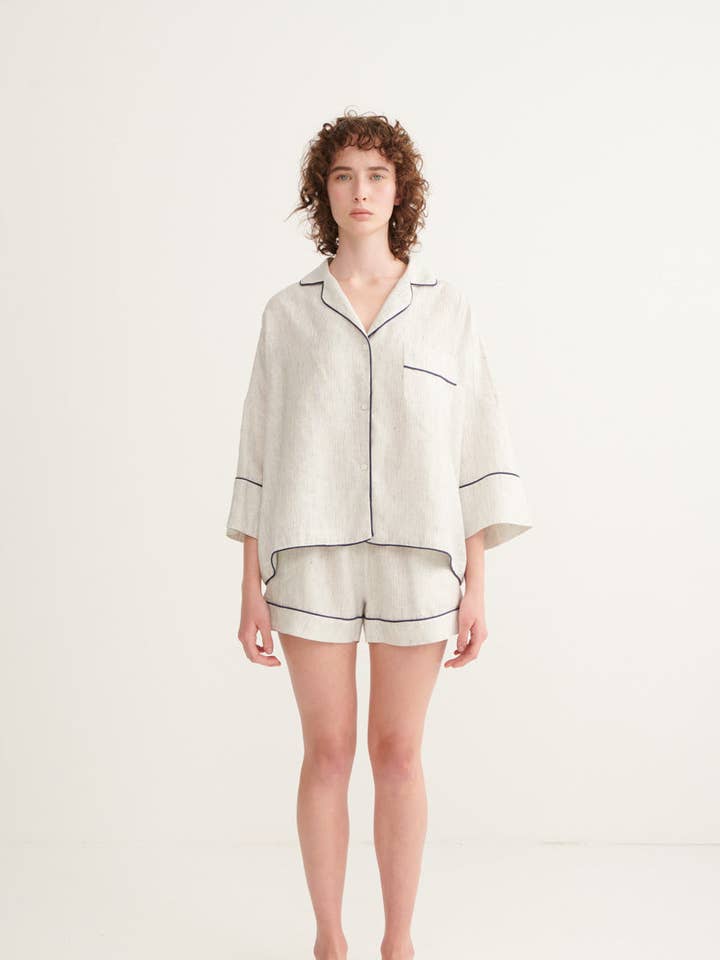 Pin Stripe Ivy Long Sleeve Shirt & Shorts Pyjama Set for wholesale by ANDREA & JOEN