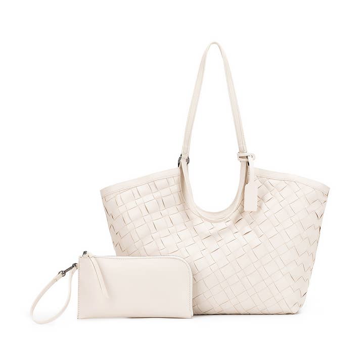 Solana White 2 Piece Woven Handbag Tote for wholesale by BLACK CAVIAR DESIGNS