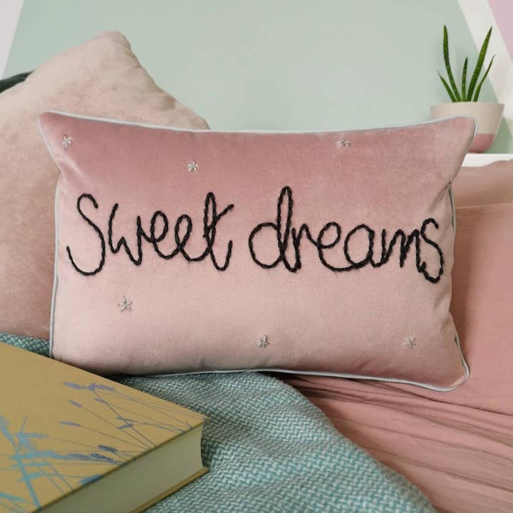 Sweet Dreams Embroidered Pink Velvet Cushion for wholesale by JordanLovellA